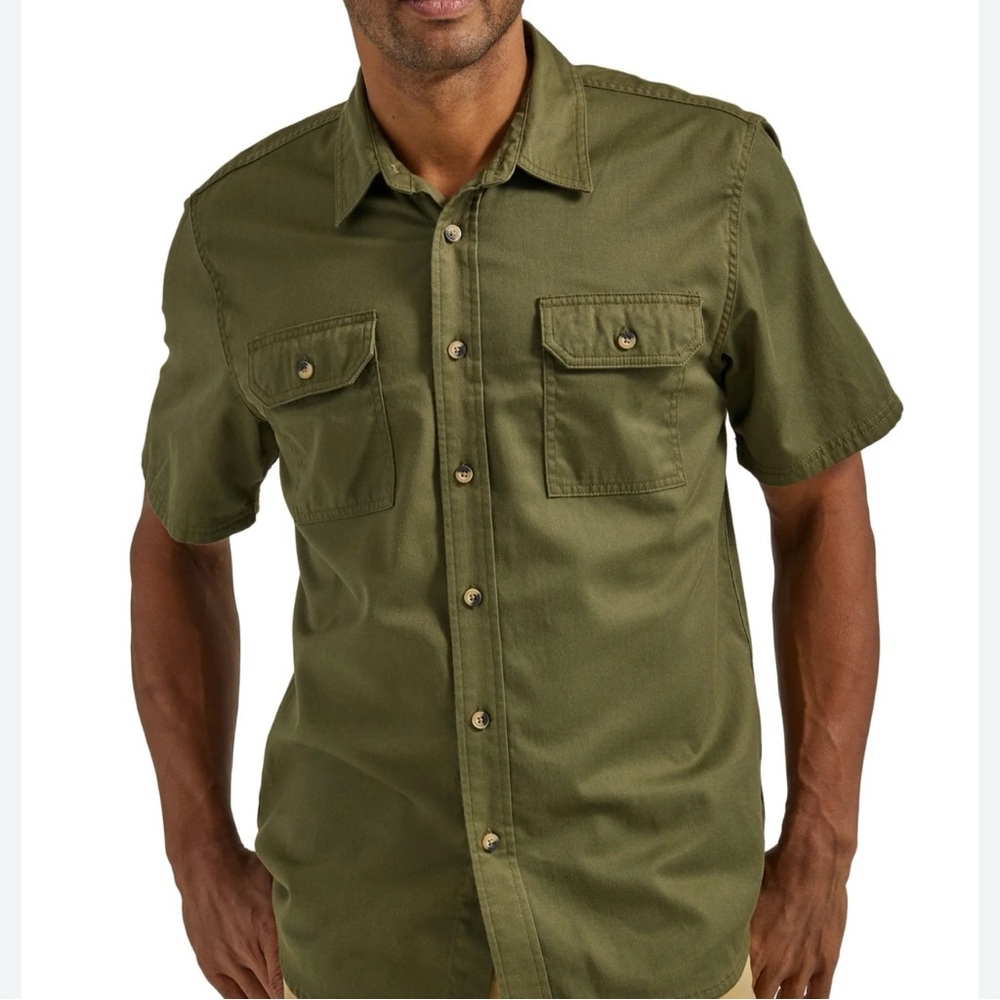 Wrangler Button Down Shirt Mens L Olive Green Short Sleeve‎ Casual